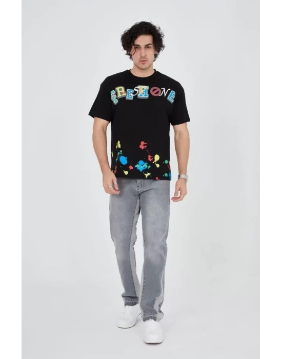 Erkek Baskılı Penye T-Shirt - Siyah