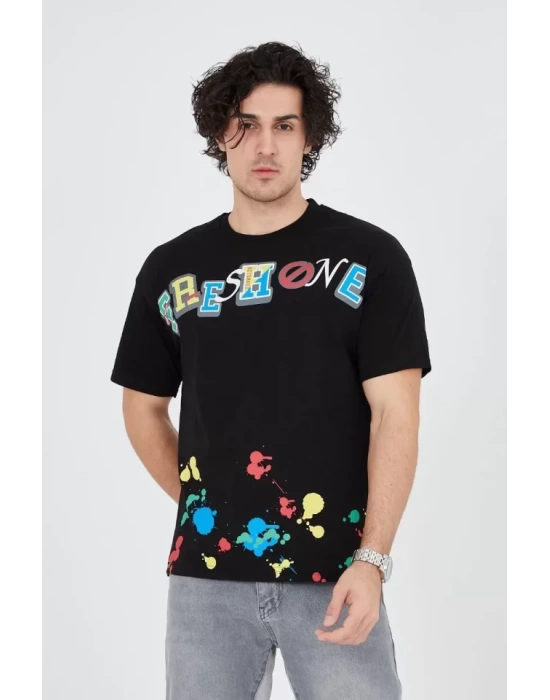 Erkek Baskılı Penye T-Shirt - Siyah