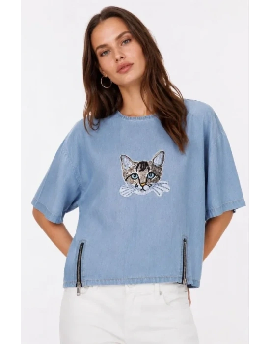 Erkek Baskılı T-Shirt Kısa Kol Bisiklet Yaka Rahat Kalıp Tişört - Mavi