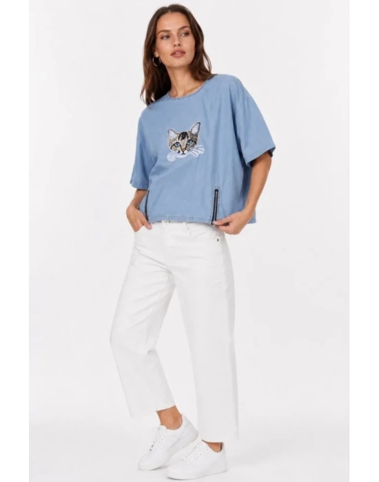 Erkek Baskılı T-Shirt Kısa Kol Bisiklet Yaka Rahat Kalıp Tişört - Mavi