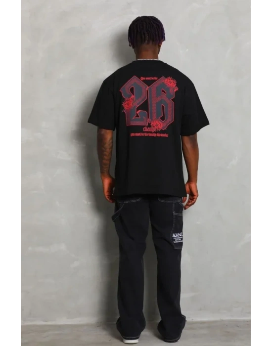 Erkek Baskılı Tişort Kısa Kol Bisiklet Yaka Ovarsize T-Shirt - Siyah