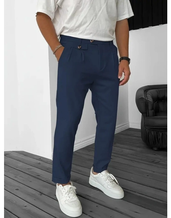 Erkek Belden Düğmeli Cepli Dokuma Pantolon