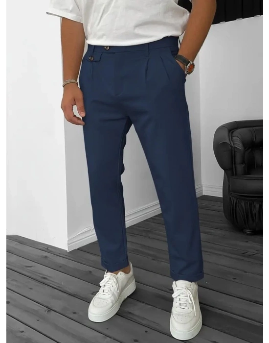 Erkek Belden Düğmeli Cepli Dokuma Pantolon