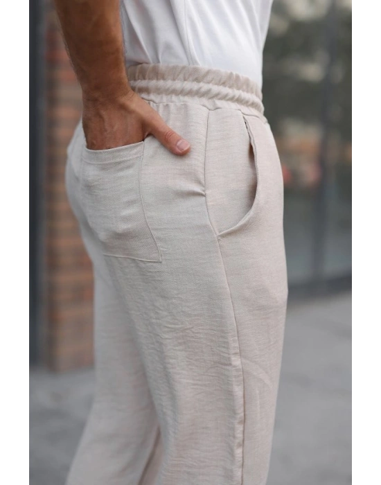 Erkek Beli Lastikli Pera Keten Pantolon