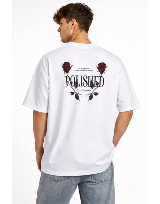 Erkek Bisiklet Yaka Baskılı Kısa Kollu Tişört Streetwear Günlük Basic Pamuklu T-shirt - Beyaz