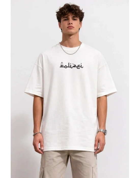 Erkek Bisiklet Yaka Baskılı Kısa Kollu Tişört Streetwear Günlük Basic Pamuklu T-shirt - Beyaz