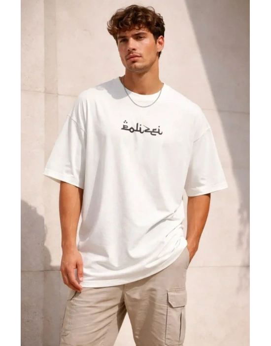 Erkek Bisiklet Yaka Baskılı Kısa Kollu Tişört Streetwear Günlük Basic Pamuklu T-shirt - Beyaz