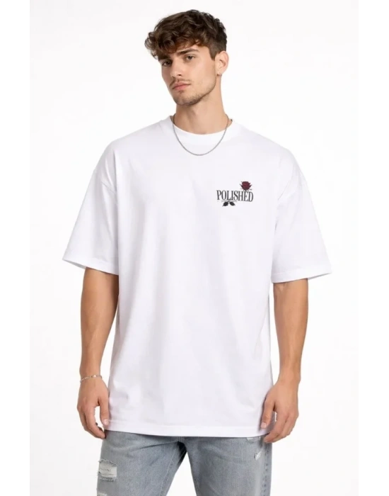 Erkek Bisiklet Yaka Baskılı Kısa Kollu Tişört Streetwear Günlük Basic Pamuklu T-shirt - Beyaz