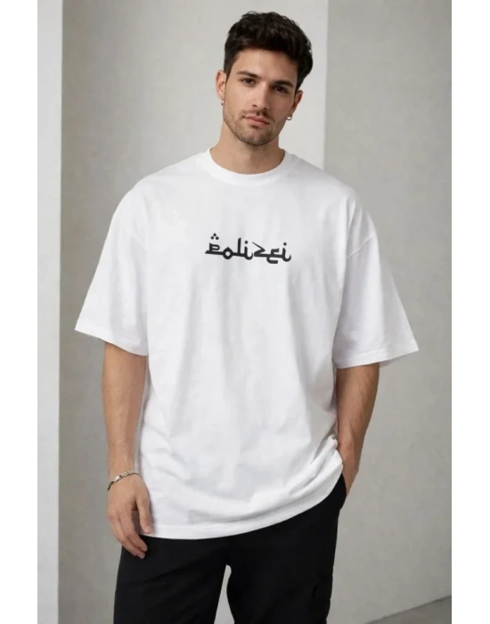 Erkek Bisiklet Yaka Baskılı Kısa Kollu Tişört Streetwear Günlük Basic Pamuklu T-shirt - Beyaz