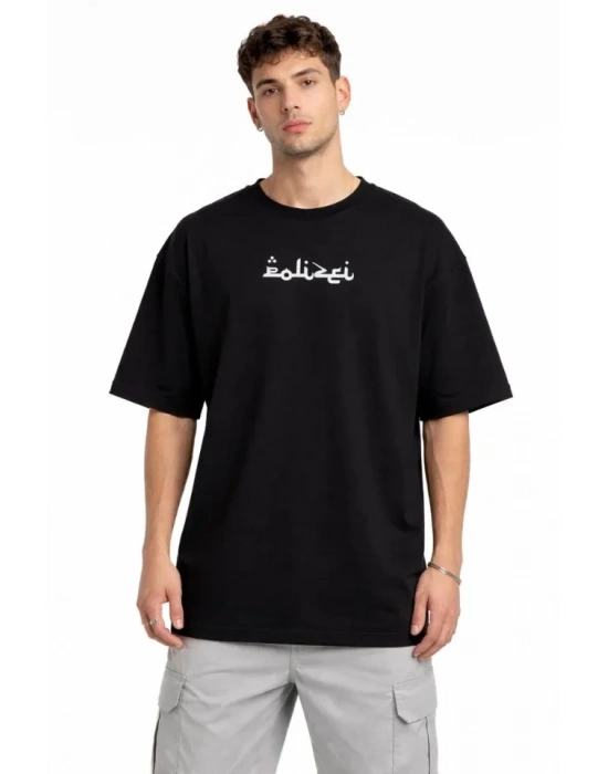 Erkek Bisiklet Yaka Baskılı Kısa Kollu Tişört Streetwear Günlük Basic Pamuklu T-shirt - Siyah