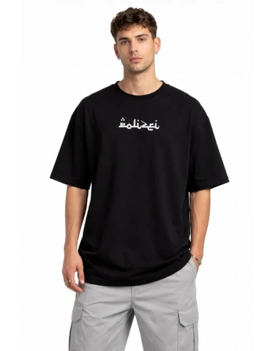 Erkek Bisiklet Yaka Baskılı Kısa Kollu Tişört Streetwear Günlük Basic Pamuklu T-shirt - Siyah