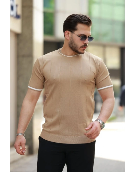 Erkek Bisiklet Yaka çizgi Desenli Ribanalı Kısa Kollu Tshirt