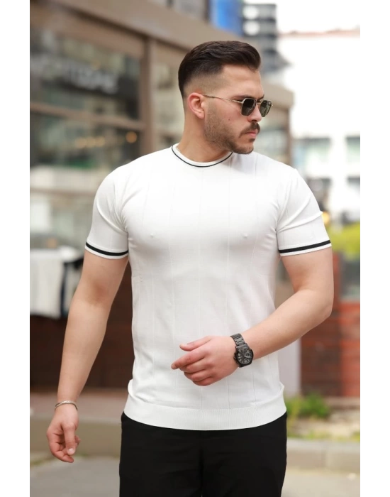 Erkek Bisiklet Yaka çizgi Desenli Ribanalı Kısa Kollu Tshirt