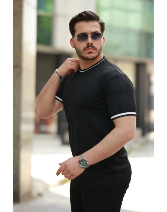 Erkek Bisiklet Yaka çizgi Desenli Ribanalı Kısa Kollu Tshirt