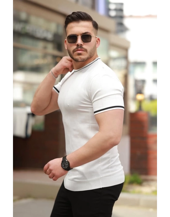 Erkek Bisiklet Yaka çizgi Desenli Ribanalı Kısa Kollu Tshirt