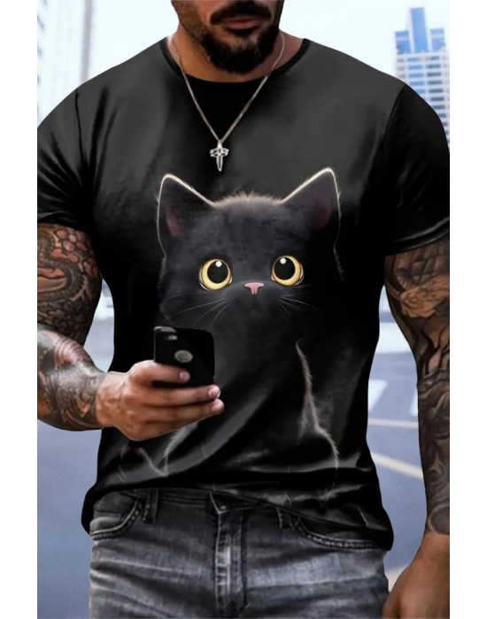 Erkek Bisiklet Yaka Kedi Baskılı Süprem T-shirt