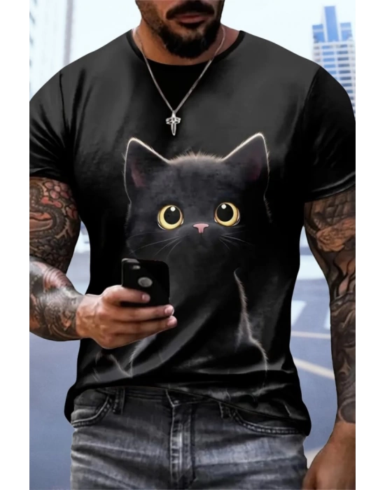 Erkek Bisiklet Yaka Kedi Baskılı Süprem T-shirt