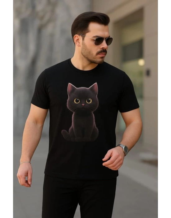 Erkek Bisiklet Yaka Kedi Baskılı Süprem T-shirt
