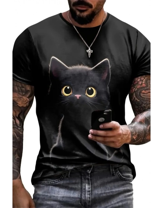 Erkek Bisiklet Yaka Kedi Baskılı Süprem T-shirt