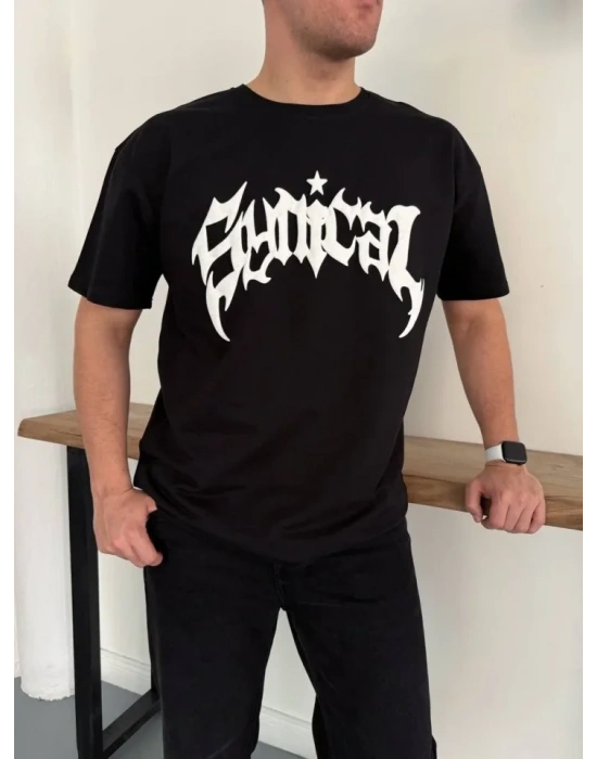 Erkek Bisiklet Yaka Ön Baskılı  Kısa Kollu Tişört Streetwear Günlük Basic Pamuklu T-shirt - Siyah