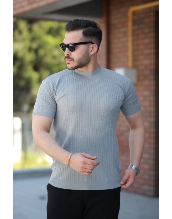 Erkek Bisiklet Yaka örgü Desenli Kısa örme Triko Kısa Kollu T-shirt