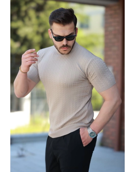 Erkek Bisiklet Yaka örgü Desenli Kısa örme Triko Kısa Kollu T-shirt