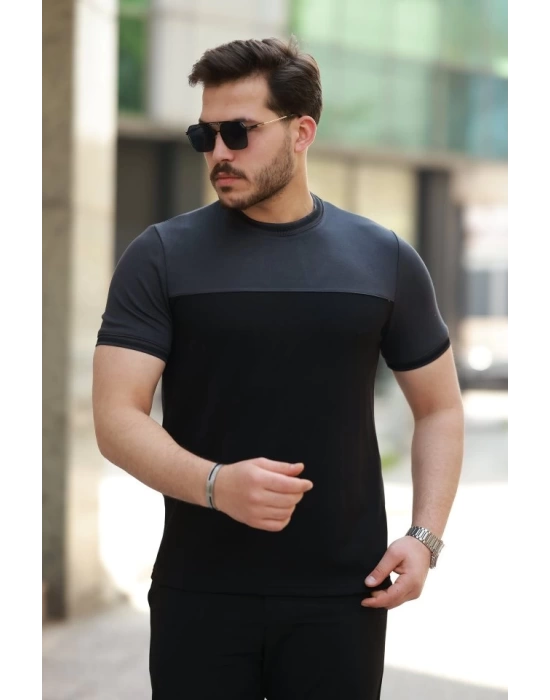 Erkek Bisiklet Yaka Parçalı Renk  Kısa Kollu Tshirt