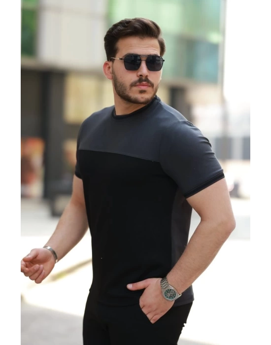 Erkek Bisiklet Yaka Parçalı Renk  Kısa Kollu Tshirt