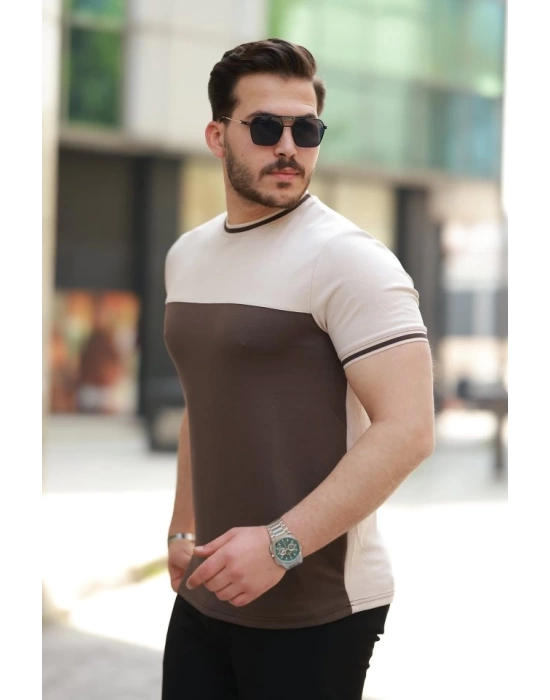 Erkek Bisiklet Yaka Parçalı Renk Kısa Kollu Tshirt