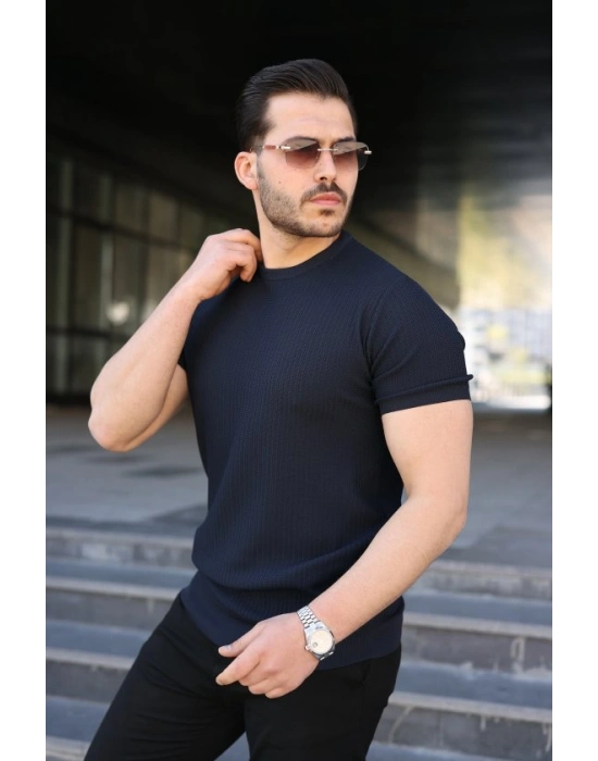 Erkek Bisiklet Yaka Petek Dokulu Kısa Kollu Triko Tişört