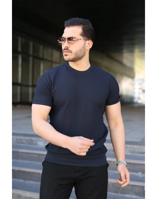 Erkek Bisiklet Yaka Petek Dokulu Kısa Kollu Triko Tişört