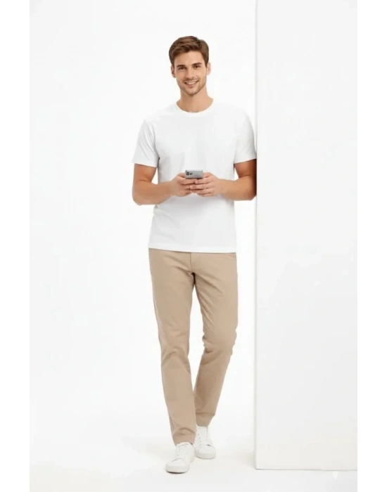 Erkek Bisiklet Yaka Tişört Regular Kalıp Basic Pamuklu Günlük Kullanım T-shirt - Beyaz