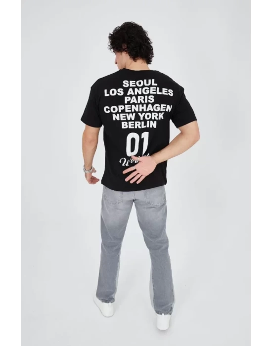 Erkek Bisiklet Yakalı Baskılı T-Shirt - Siyah