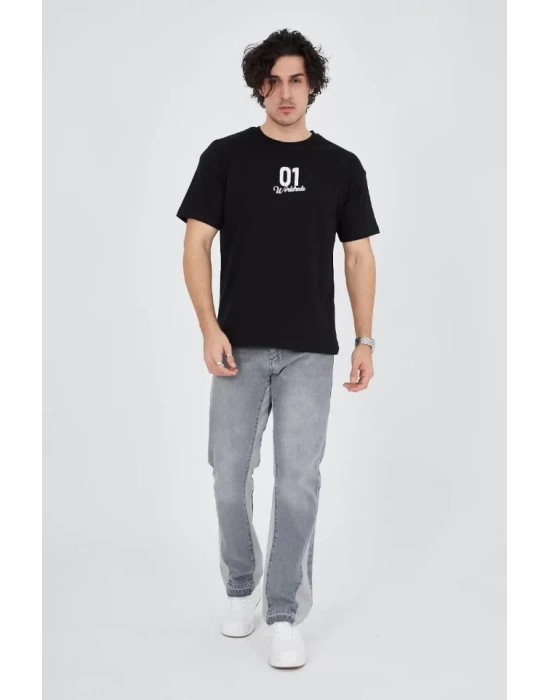 Erkek Bisiklet Yakalı Baskılı T-Shirt - Siyah
