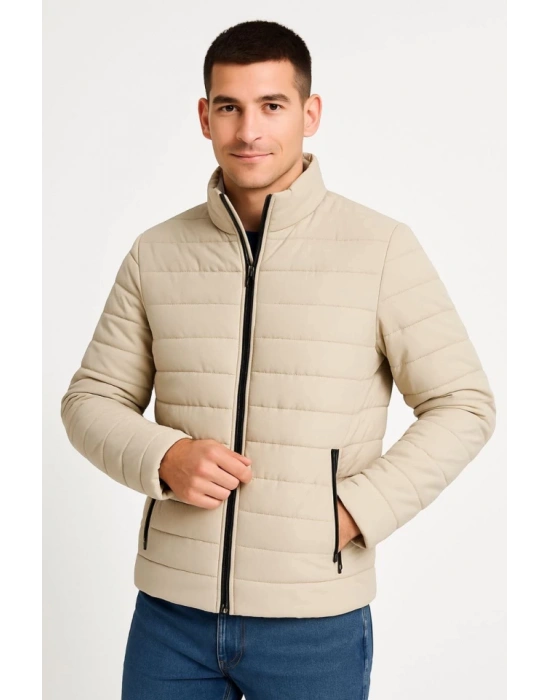 Erkek Bomber Mont Ceket – Su İtici Kumaş, Kapitone Astarlı, Fermuarlı, Kışlık - Bej