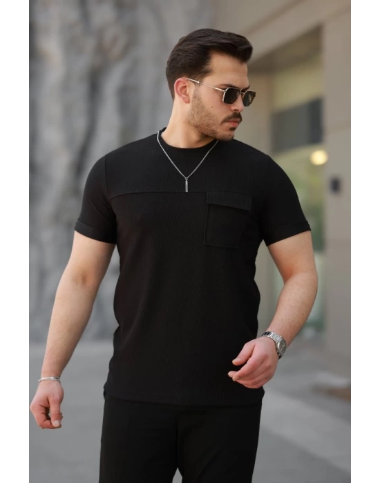 Erkek Cepli Kolyeli Kısa Kollu örme Kumaş T-shirt