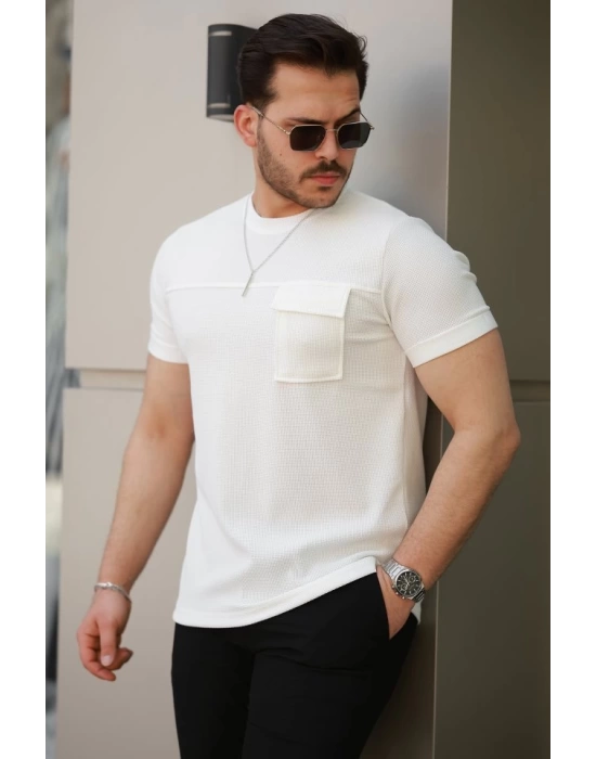 Erkek Cepli Kolyeli Kısa Kollu örme Kumaş T-shirt