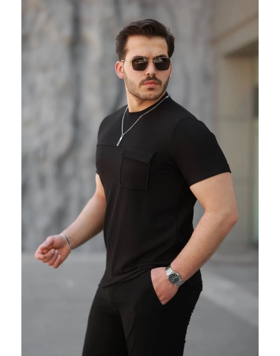Erkek Cepli Kolyeli Kısa Kollu örme Kumaş T-shirt