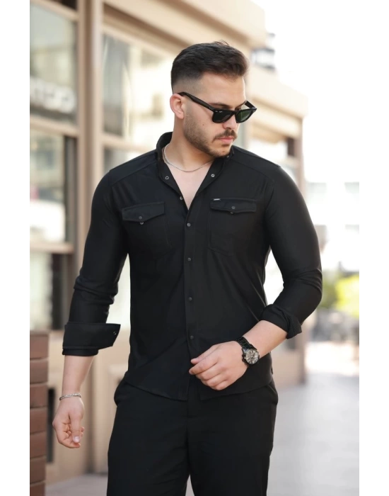 Erkek çift Cepli çıtçıt Düğmeli Uzun Kollu Gömlek