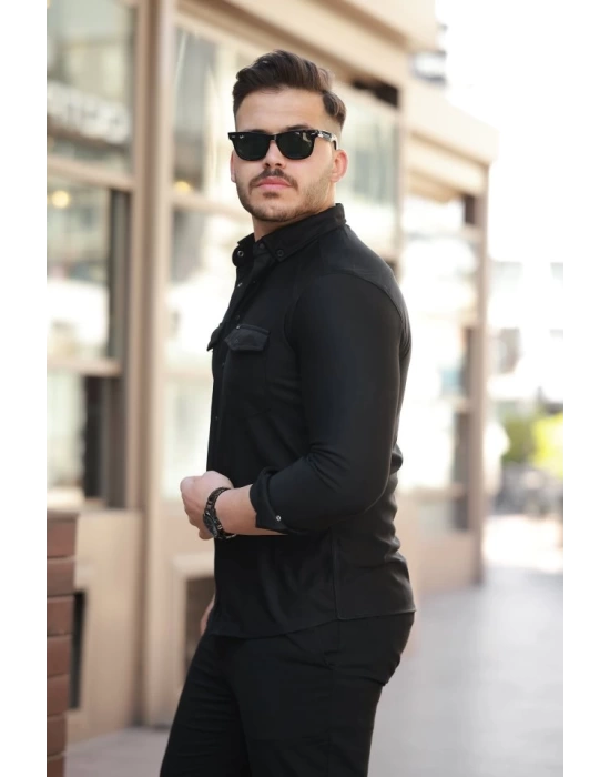 Erkek çift Cepli çıtçıt Düğmeli Uzun Kollu Gömlek