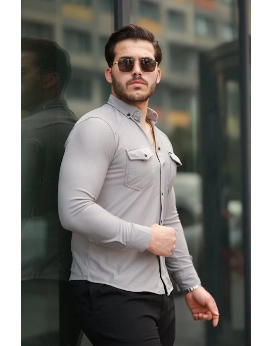 Erkek çift Cepli çıtçıt Düğmeli Uzun Kollu Gömlek
