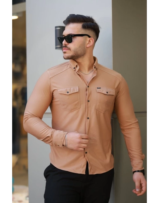 Erkek çift Cepli çıtçıt Düğmeli Uzun Kollu Gömlek