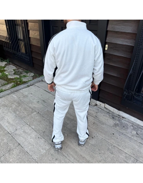 Erkek Çift Şeritli Eşofman Takım Dik Yaka Fermuarlı Sweatshirt Boru Paça Alt, Oversize 3 Iplik Pamuklu - Beyaz