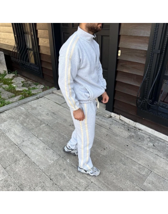Erkek Çift Şeritli Eşofman Takım Dik Yaka Fermuarlı Sweatshirt Boru Paça Alt, Oversize 3 Iplik Pamuklu - Gri