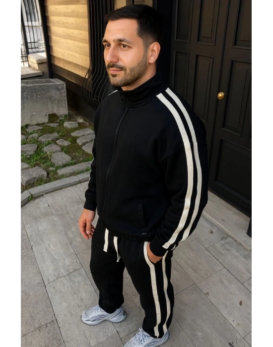 Erkek Çift Şeritli Eşofman Takım Dik Yaka Fermuarlı Sweatshirt Boru Paça Alt, Oversize 3 Iplik Pamuklu - Siyah