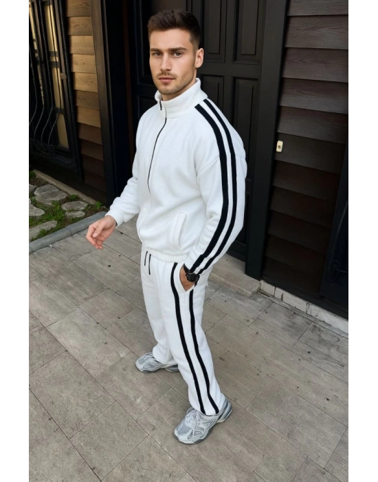 Erkek Çift Şeritli Eşofman Takım Dik Yaka Fermuarlı Sweatshirt Boru Paça Alt, Oversize 3 Iplik Pamuklu - Beyaz