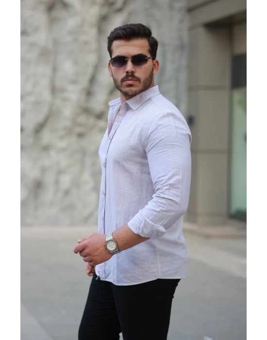 Erkek çizgi Desenli Uzun Kollu Pamuklu Keten Gömlek