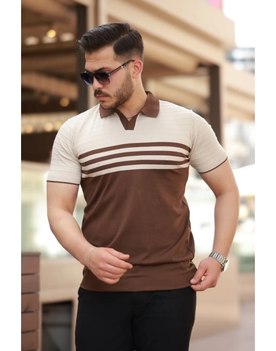 Erkek çizgi Desenli Yakalı Kısa Kollu T-shirt