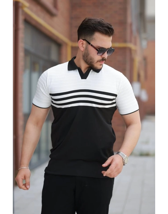 Erkek çizgi Desenli Yakalı Kısa Kollu T-shirt