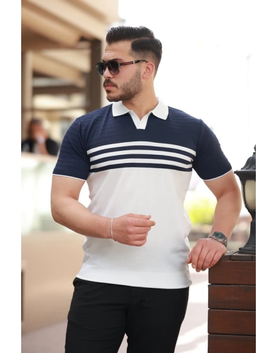 Erkek çizgi Desenli Yakalı Kısa Kollu T-shirt